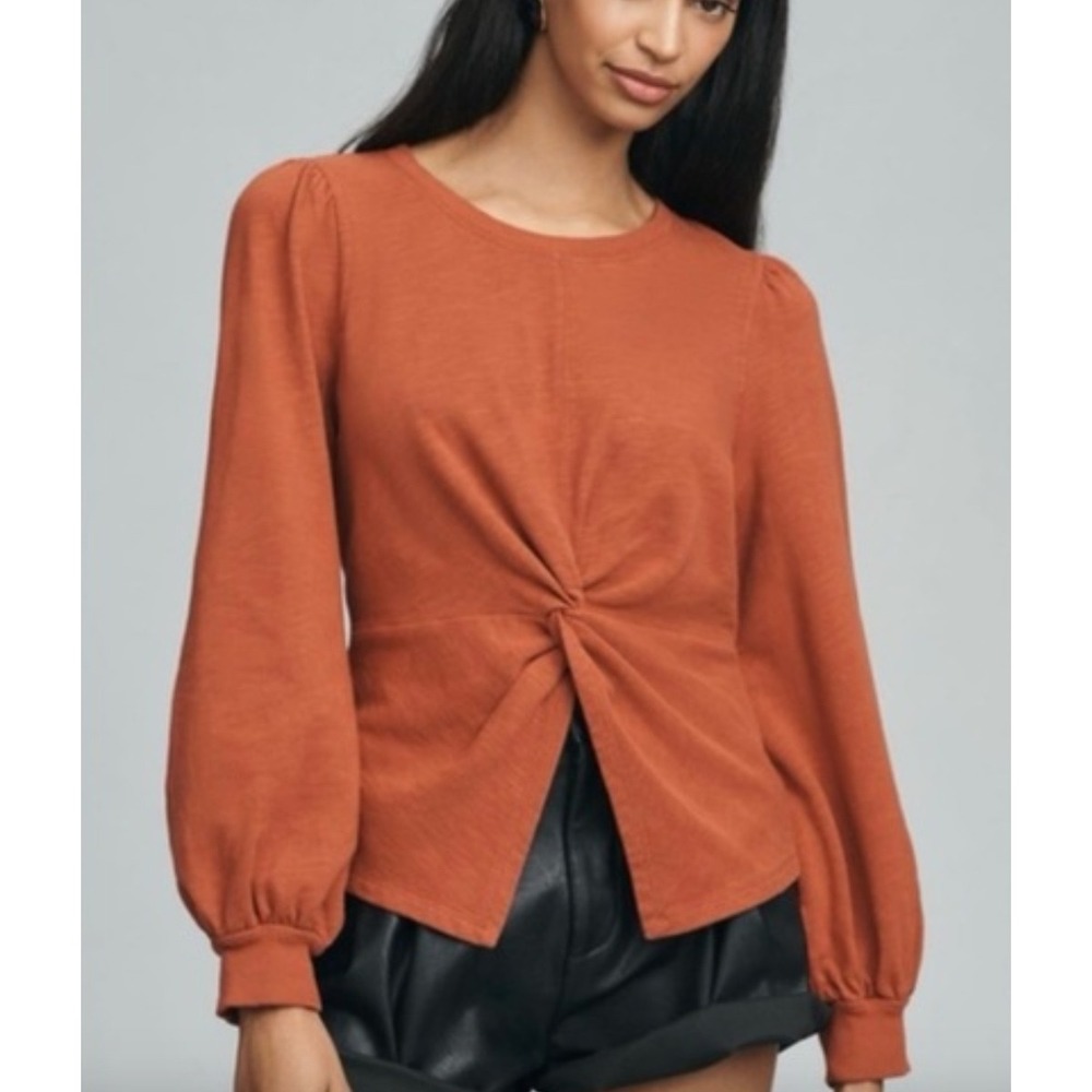 Pilcro Anthropologie Twist Front Puff Sleeve Top Terracotta Orange Slub Knit M